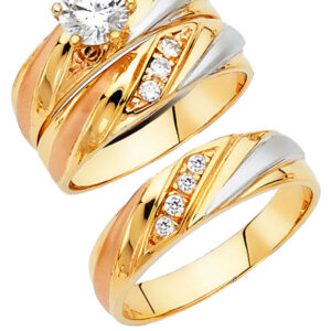 14K 3C CZ Engagement Ring/Trio Set