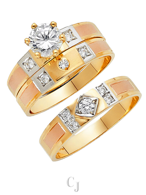 14K 3C CZ Engagement Ring/Trio Set