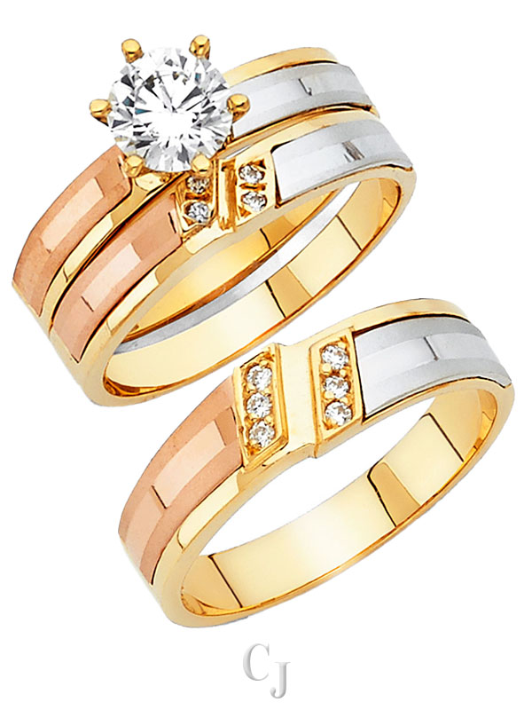 14K 3C CZ Engagement Ring/Trio Set