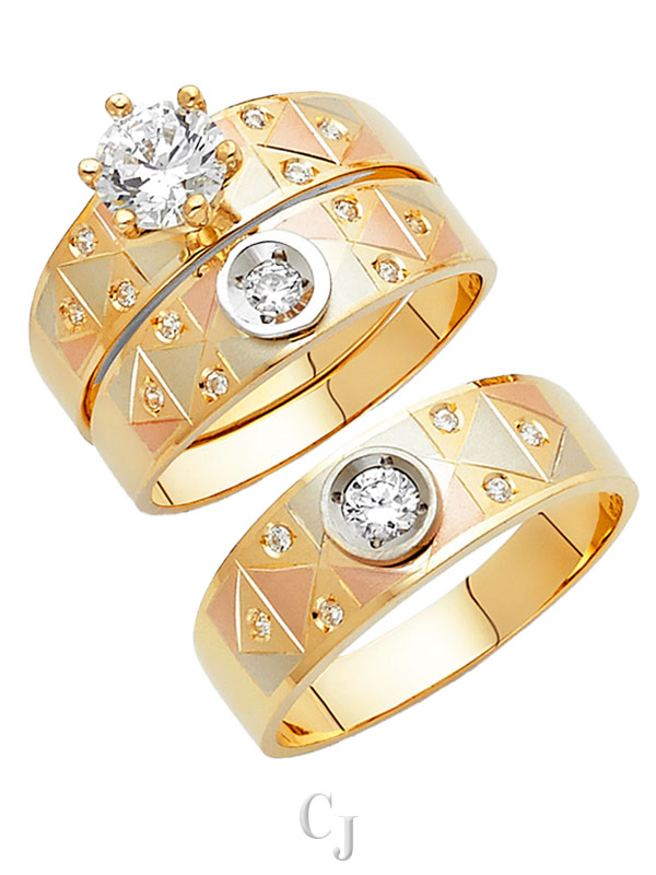 14K 3C CZ Engagement Ring/Trio Set