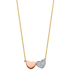 14K 3C Two Heart CZ Necklace