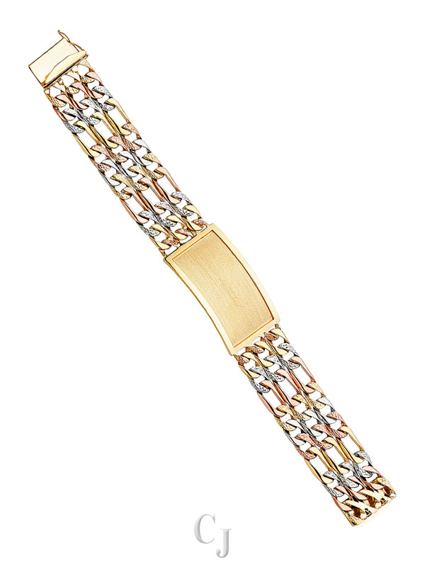 14K 3C 3L Nugget Figaro Link Frame ID Bracelet