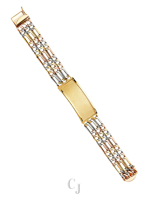 14K 3C 3L Nugget Figaro Link Frame ID Bracelet