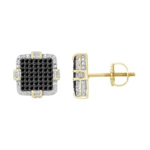 LADIES STUD EARRINGS 0.25CT ROUND/BAGUETTE DIAMOND 10K YELLOW GOLD