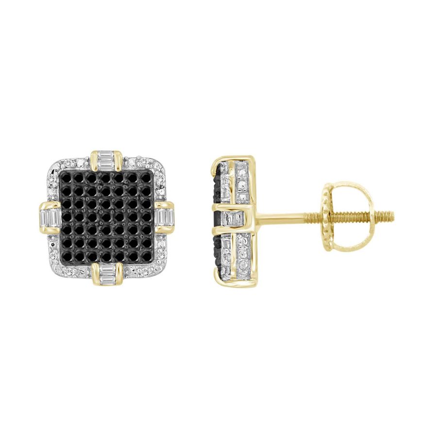 LADIES STUD EARRINGS 0.25CT ROUND/BAGUETTE DIAMOND 10K YELLOW GOLD