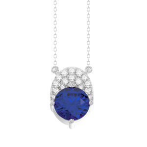 LADIES PENDANT WITH CHAIN 1.35CT ROUND/SAPPHIRE DIAMOND 14K WHITE GOLD (CENTER STONE ROUND BLUE SAPPHIRE 1.20CT)