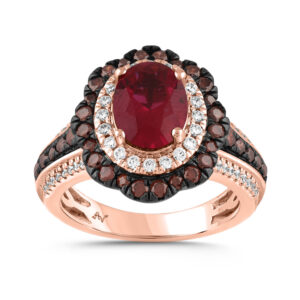 LADIES RING 3.25CT ROUND/DARK BROWN OVAL RUBY DIAMOND 14K ROSE GOLD (CENTER STONE RUBY DIAMOND-2.00CT)