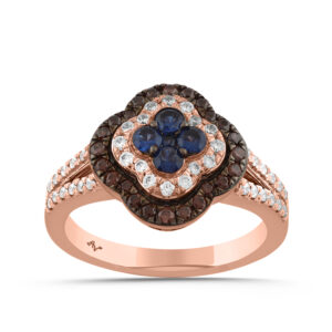 LADIES RING 0.75CT ROUND/BLUE SAPPHIRE/DARK BROWN DIAMOND 14K ROSE GOLD